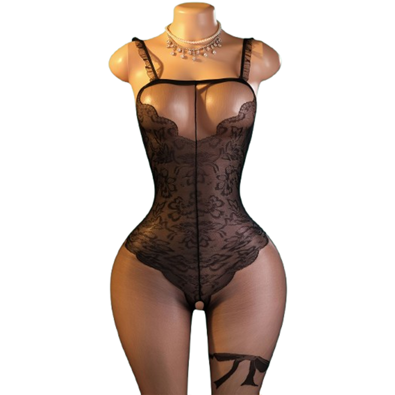 Lace Teddy Lingerie - 1-Piece Black Lace & Sheer Mesh