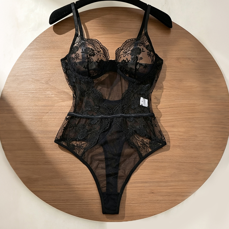 Lace Teddy Lingerie - Women Floral Lace Bodysuit Black Sheer
